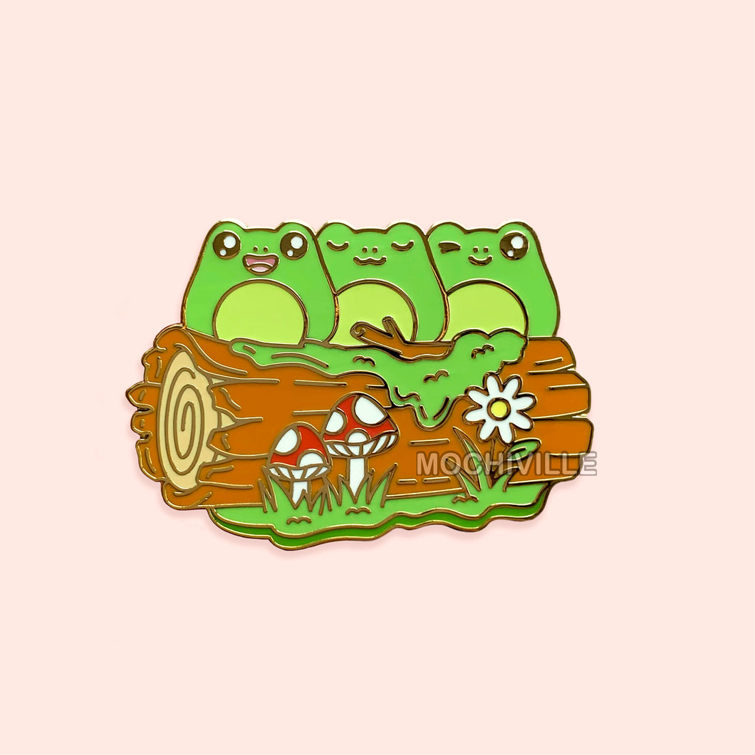 Froggie Friends Enamel Pin | Frogs Sitting On Tree Log