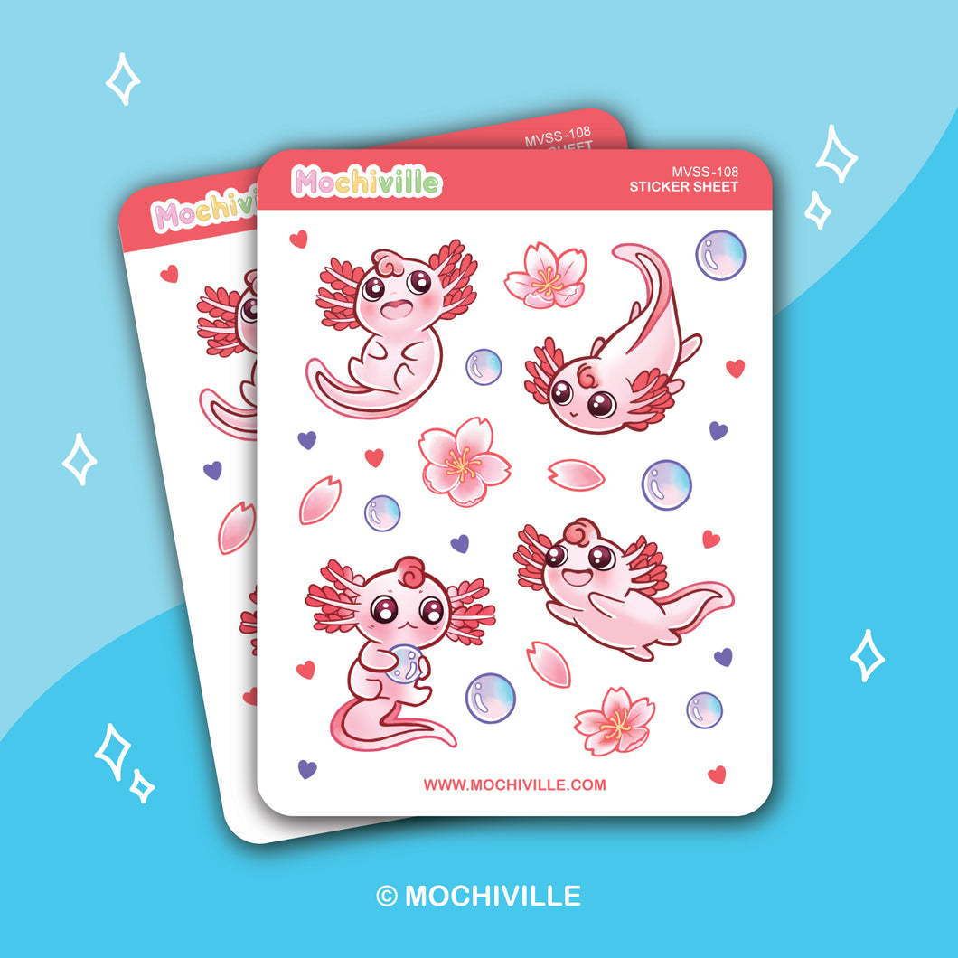 Axolotl & Cherry Blossoms Vinyl Sticker Sheet