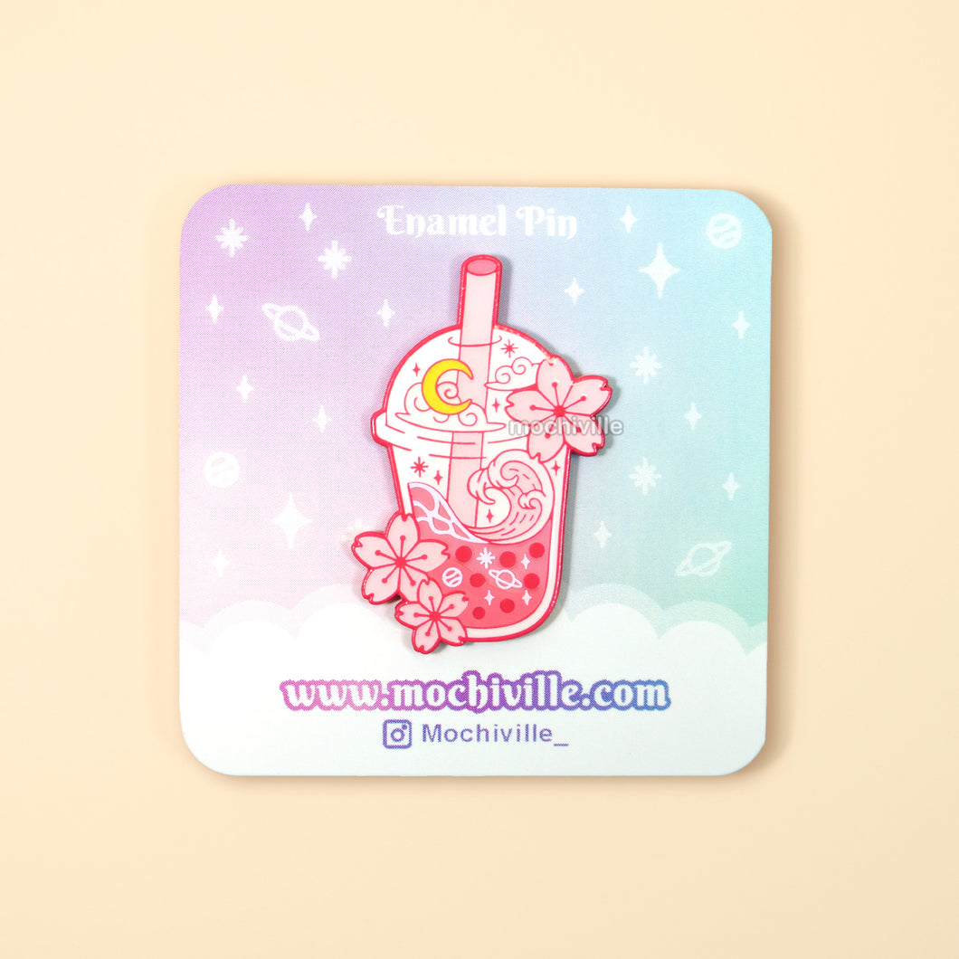 Pink Sakura Bubble Tea Enamel Pin | Soft Enamel with Epoxy